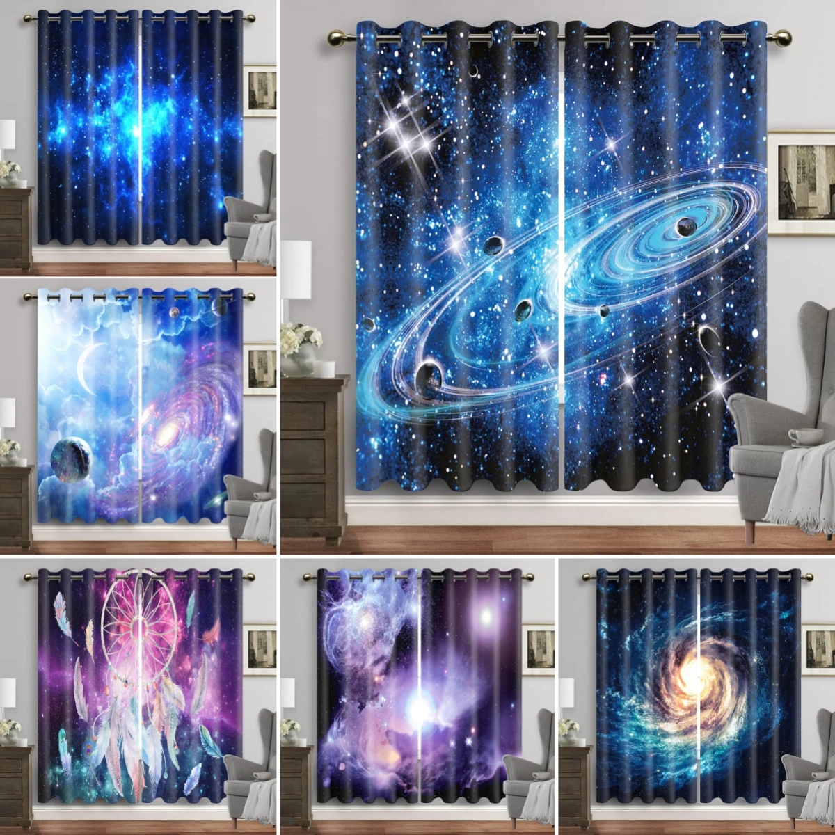 

Purple Galaxy Window Curtains Space Planet Eyelet Thin Curtain Universe Stars Drapes for Bedroom Starry Forest Cortinas 2pcs