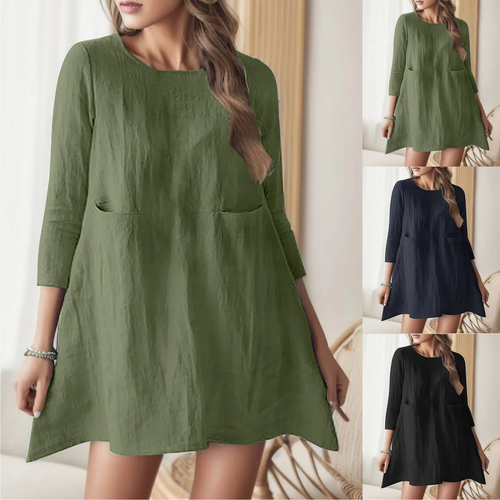 

Women's 2024 Spring Casual Dress Loose Solid Colour Round Neck Dresses With Pockets Sexy Seven Points Sleeve Mini Dresses