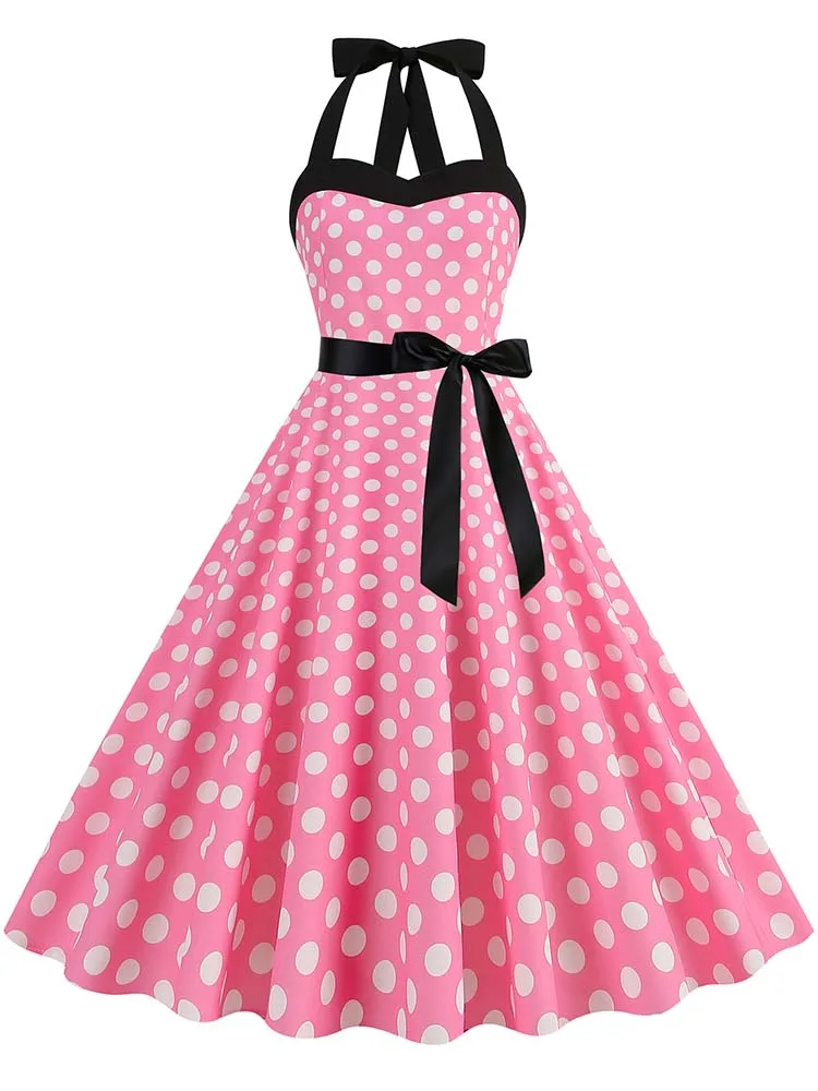 

2023 New Vintage Halter Pinup Dress Harajuku Y2K Retro 50s 60s Women Polka Dot Casual Swing Summer Party Dresses With Belt