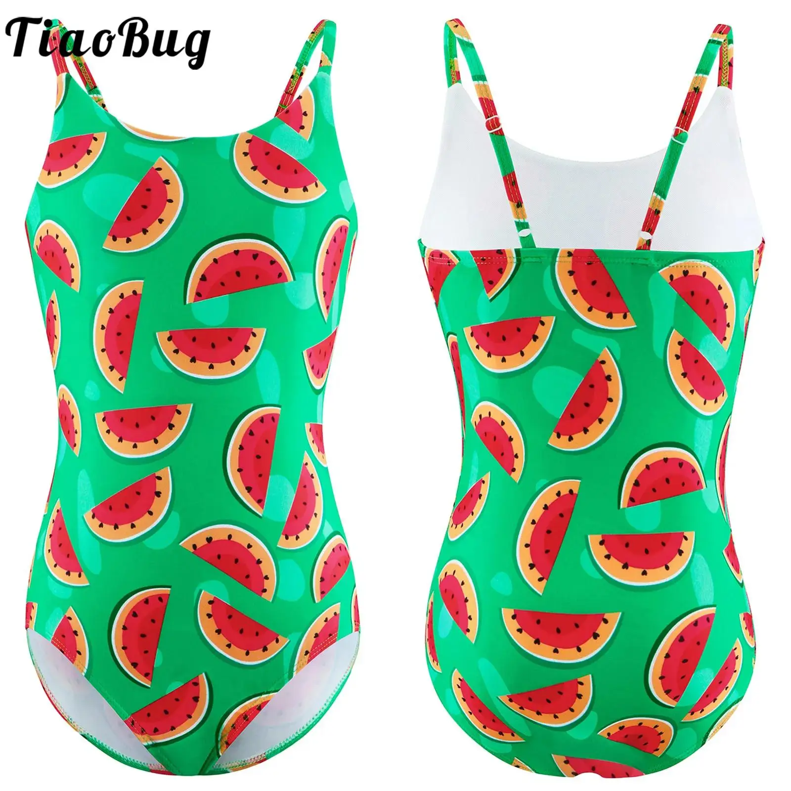 

Tiaobug Girl Kids Swimwear Watermelon Printed One Peice Sleevesless Round Neckline Suspenders Tight-fitting Swimsuits