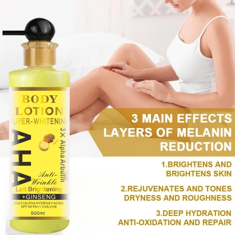 

AHA White Body Lotion UVA/UVB SPF 60 PA++ Whitening, Brightening, Firming, Anti-wrinkle, Even Skin Tone and Shrinking Pores