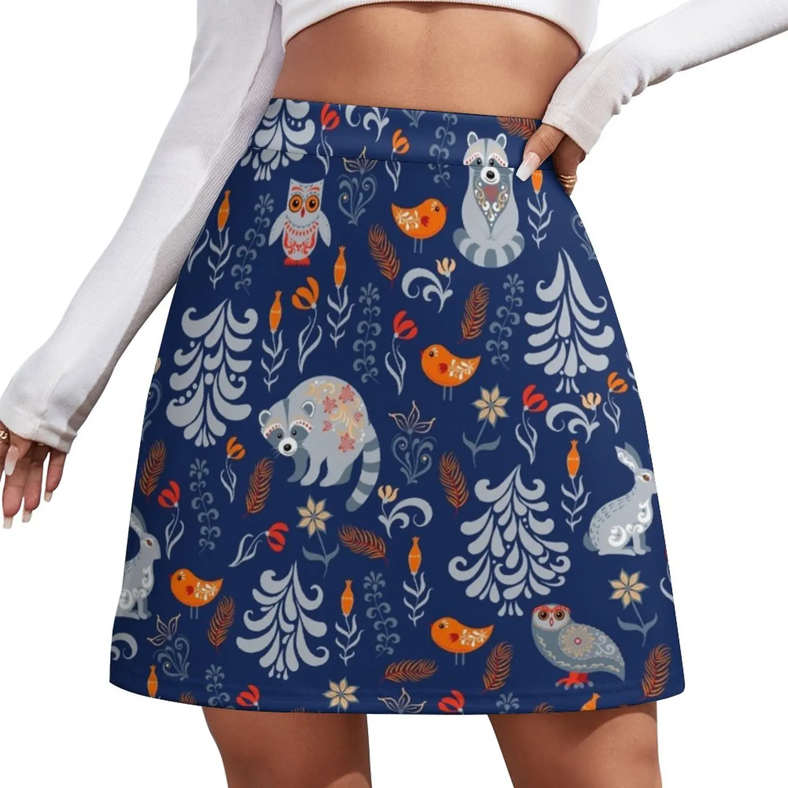 

Fairy forest with animals and birds. Raccoons, owls, bunnies and little chick. Mini Skirt Women's summer skirt Woman clothing