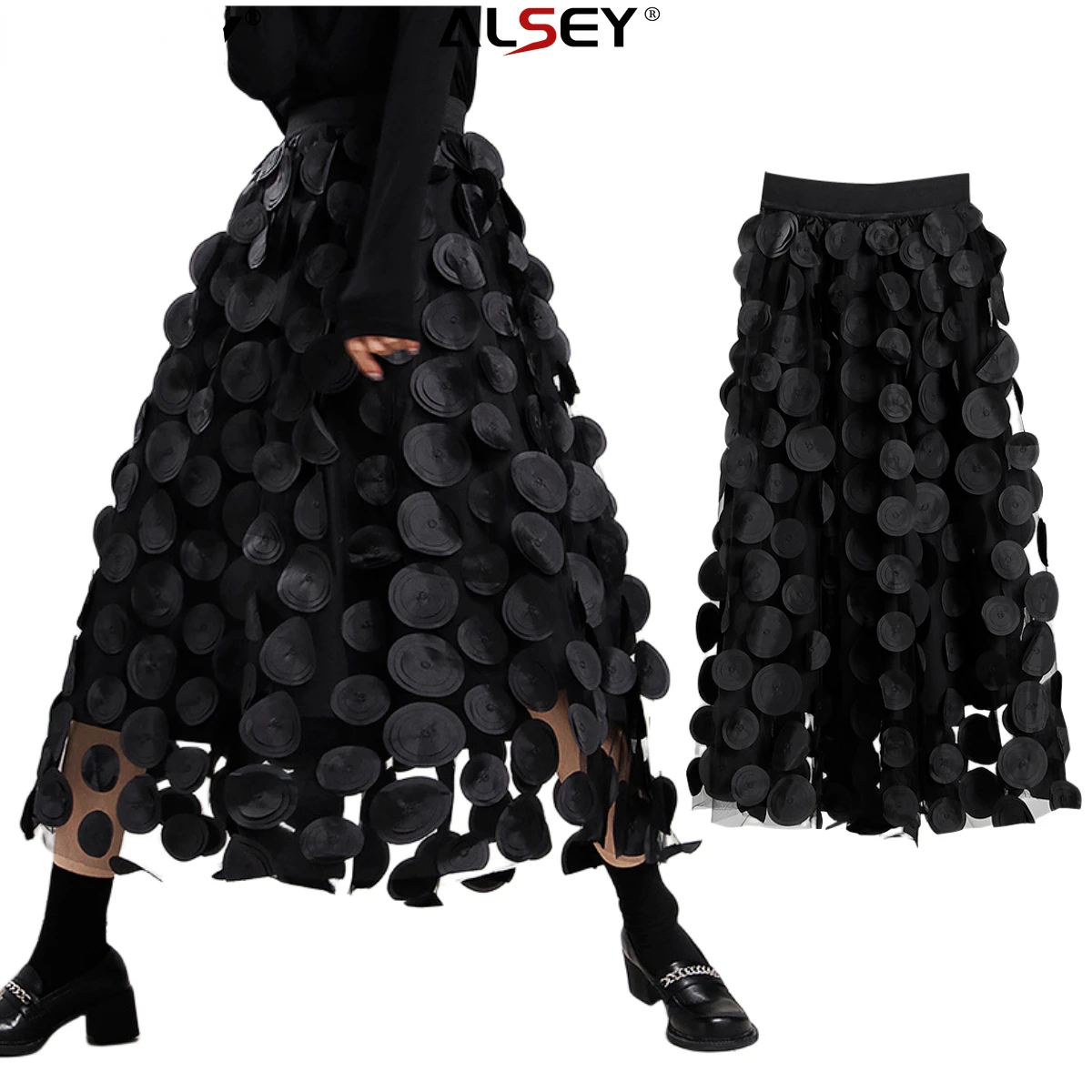 

ALSEY Fashion Niche Design Medium-length A-line Skirt 2023 Spring Fall Swing Bustier Three-dimensional Polka-dot Net Yarn Skirt