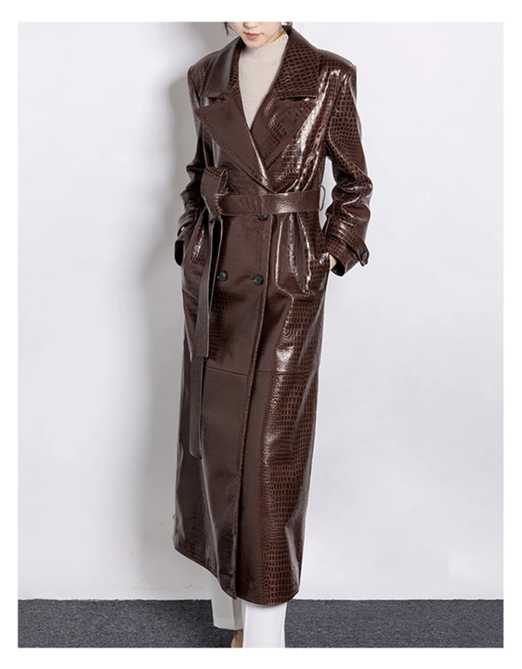 

Spring Autumn Long Shiny Reflective Crocodile Print Patent Pu Leather Trench Coat for Women Runway European