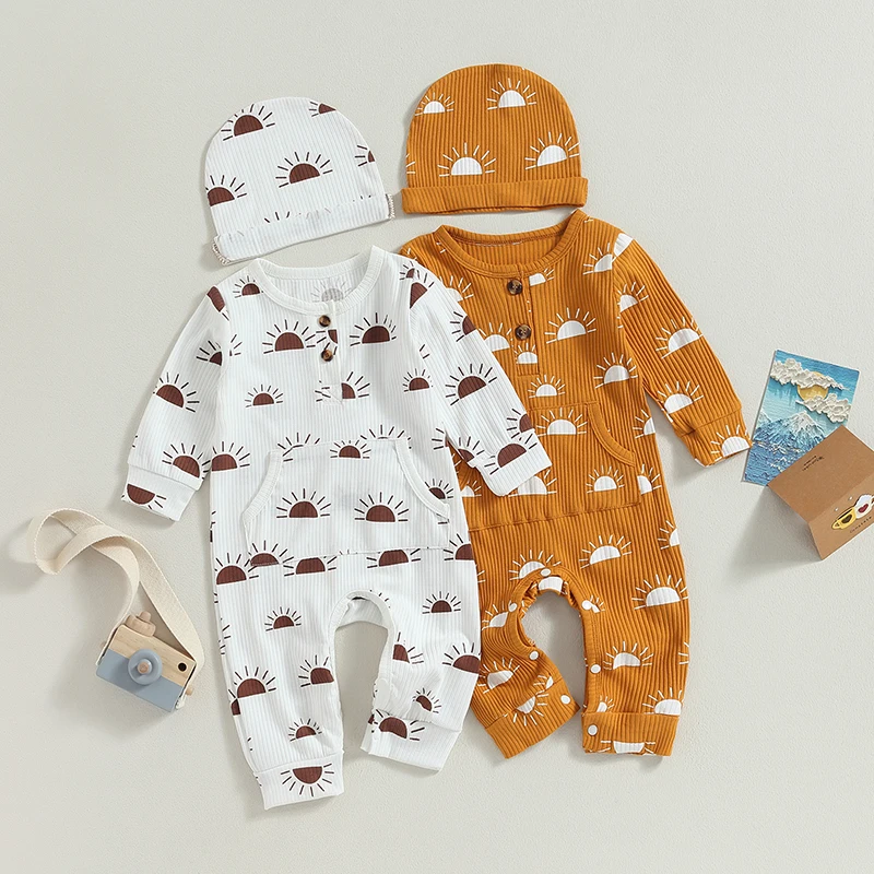 Spring Autumn Newborn Baby Boys Girls Rompers Clothes Ribbed Knitted Sun Print Pocket Long Sleeve Jumpsuits Hats Casual Outfits
Spring Autumn Newborn Baby Boys Girls Rompers Clothes Ribbed Knitted Sun Print Pocket Long Sleeve Jumpsuits Hats Casual Outfits