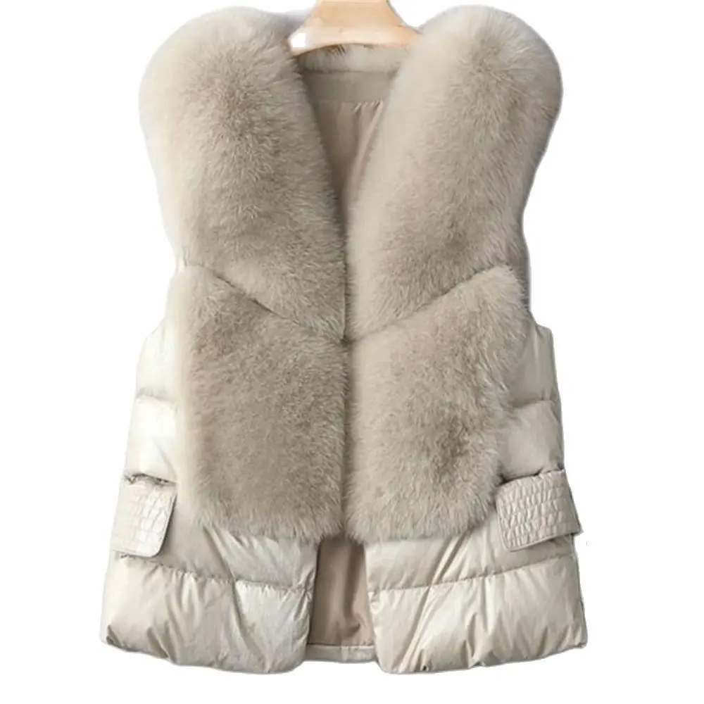 

Cardigan Outerwear Women Short White Duck Down Vest V-Neck Imitation Fox Waistcoat New Autumn Winter Fashion Sleeveless Jacket
