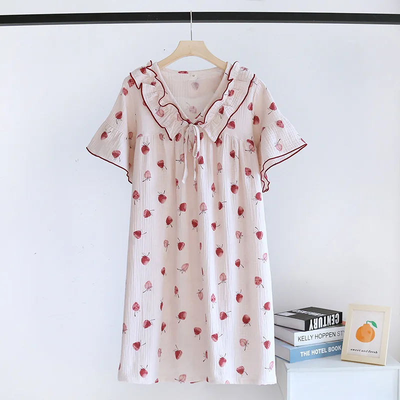 

Sweet Print Strawberry Ruffle Nightwear New Summer Casual Home Dress Cotton Nightdress Women Short Sleeve Nightgown Sleepwear