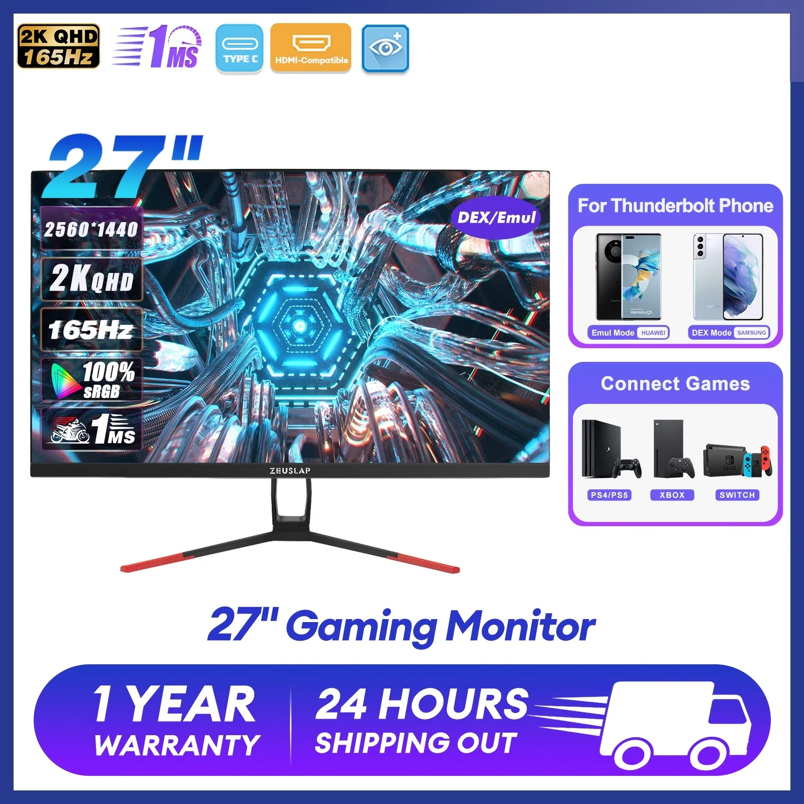 

New 27" Monitor 2K 165Hz 2560*1440P QHD 100%sRGB LED Gaming Computer Mini PC Display with Type c for phone XBOX PS4 PS5