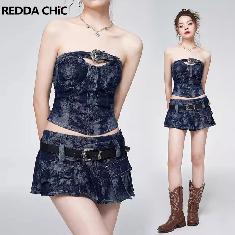 

ReddaChic Summer Belted Corset Denim Skirt Women 2-piece Set Y2k Vintage Tie Dye Tube Top Pleated Mini Skirt Korean Streetwear