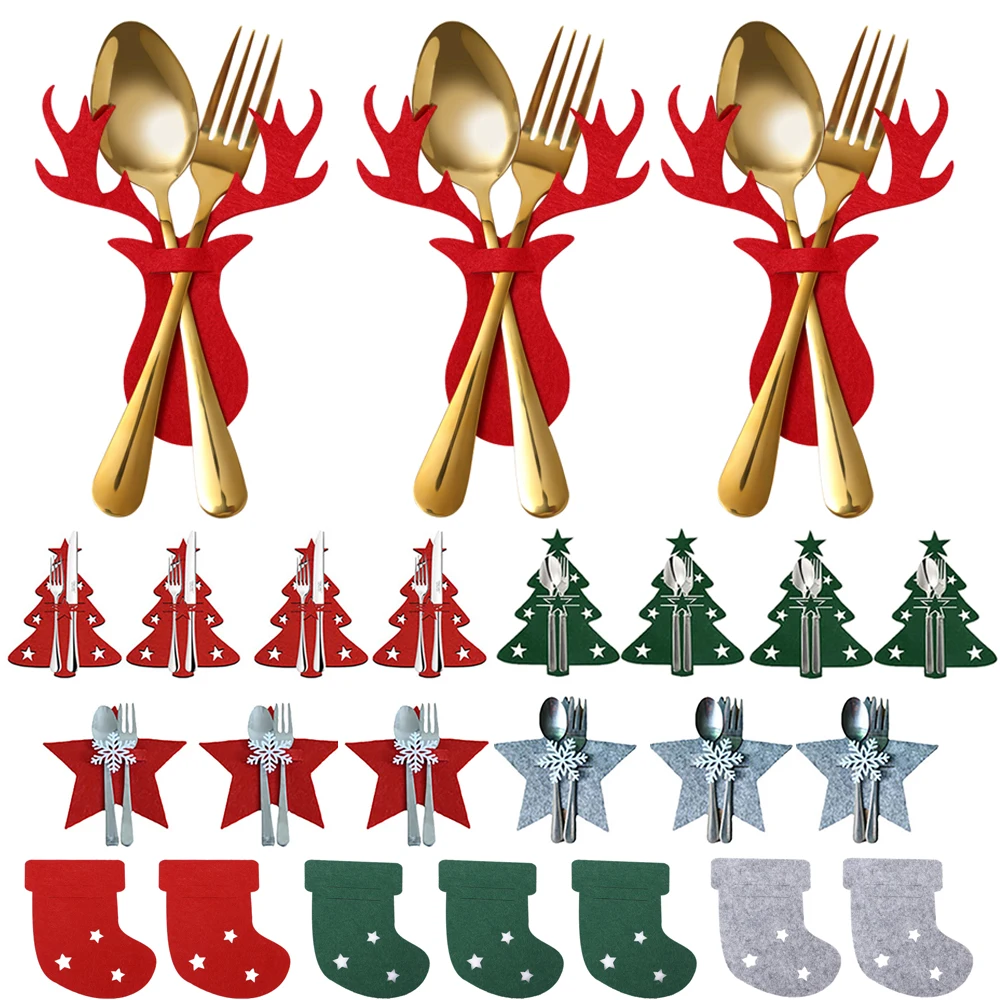 

4Pcs/Set Christmas Cutlery Bags Knife Fork Holder Covers Elk Snowflake Cutlery Bag Home Christmas New Year Tableware Decorations