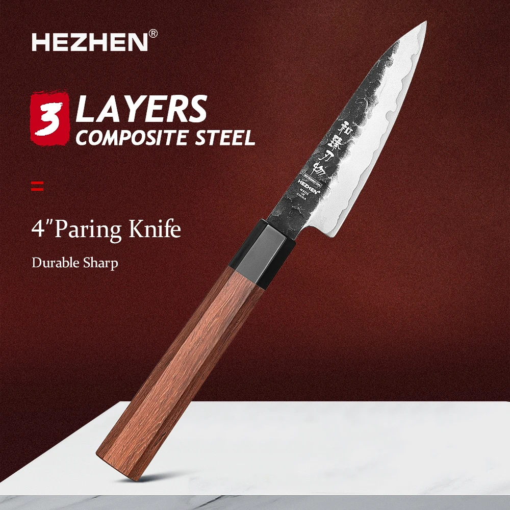 

HEZHEN 4 Inches Paring Knife 3 Layers Composite Steel High quality Red wood handle Kitchen Accessories
