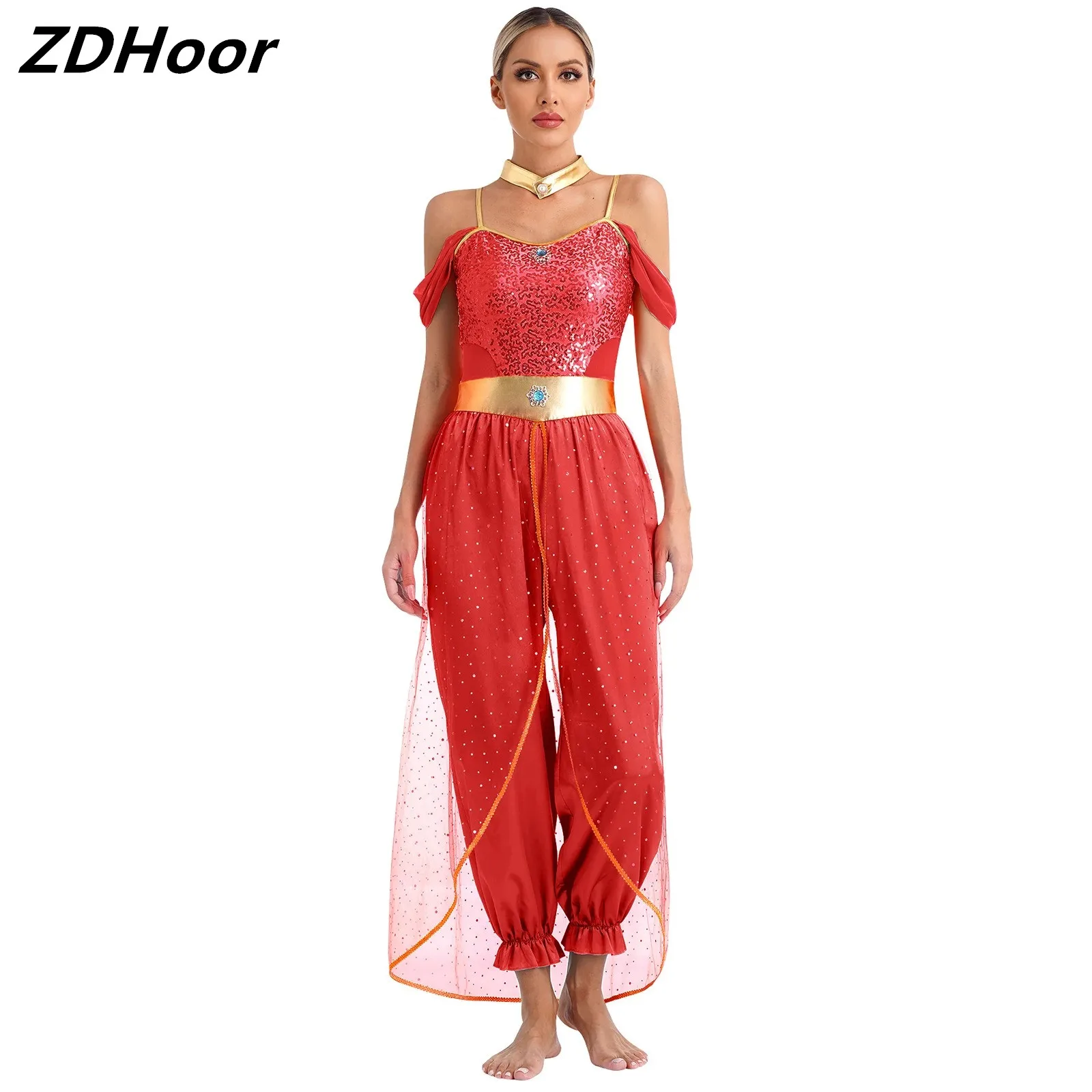 

Womens Belly Dance Romper Arabian Princess Role Play Gems Adorned Sequin Halloween Costumes with Metallic Shiny Choker Collar