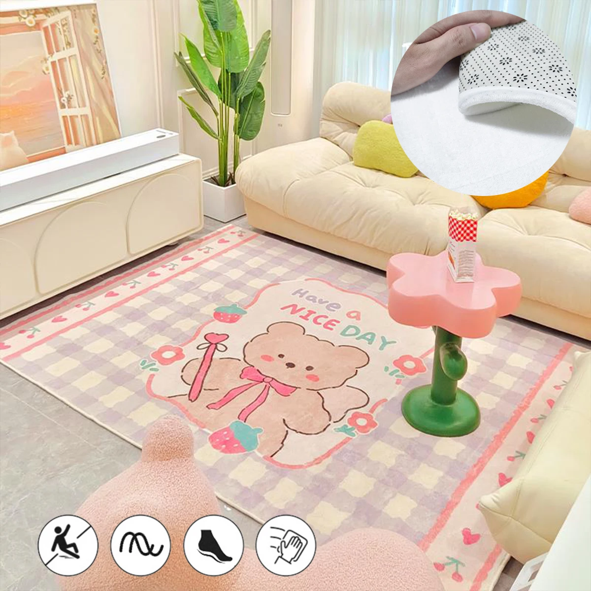 

Cute Cartoon Girl Room Decoration Rug Short Plush Bedside Rugs for Bedroom Kawaii Pink Children's Room Carpet Crawling Floor Mat