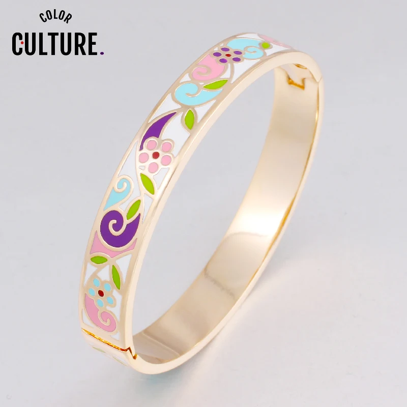 

Color Culture 10mm Feather Design Pattern Opening Bracelet for Women Stainless Steel Enamel Bangles Ethnic Jewelry
