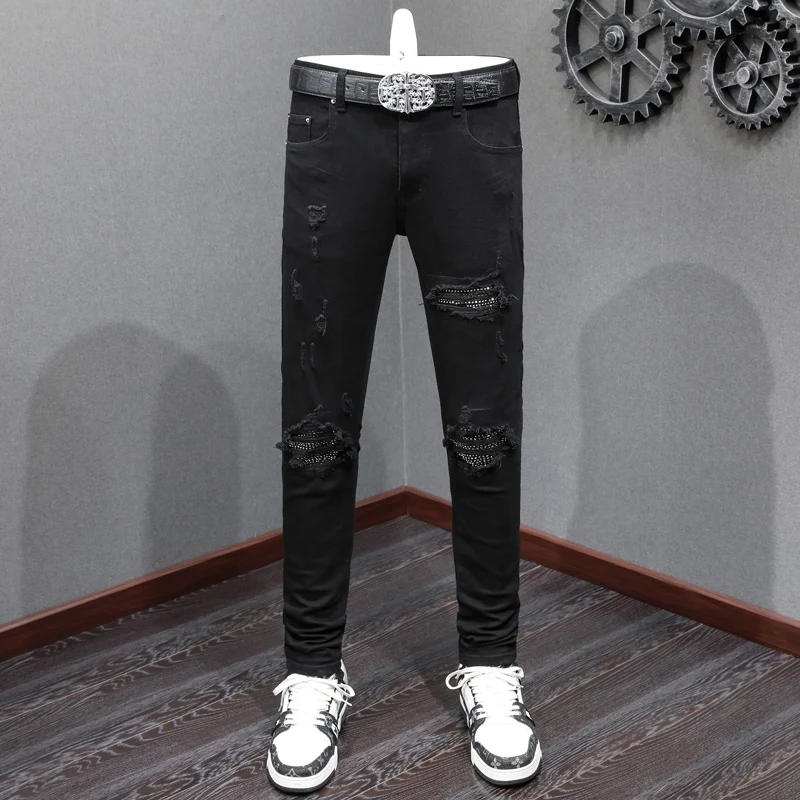 

Street Fashion Men Jeans Black Stretch Skinny Fit Ripped Jeans Men Punk Trousers Beading Patched Designer Hip Hop Brand Pants