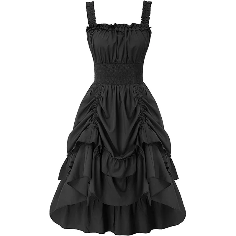 

Women Retro Sleeveless Strapless Straps Asymmetrical Ruffle Hem A-Line Victorian Steampunk Gothic Medieval Midi Dress 2023