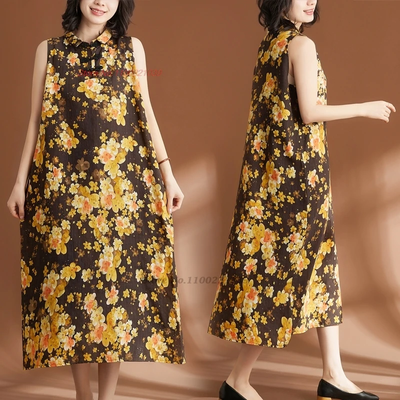 

2024 traditional chinese vintage qipao dress national flower print cotton linen cheongsam dress oriental sleeveless folk dress