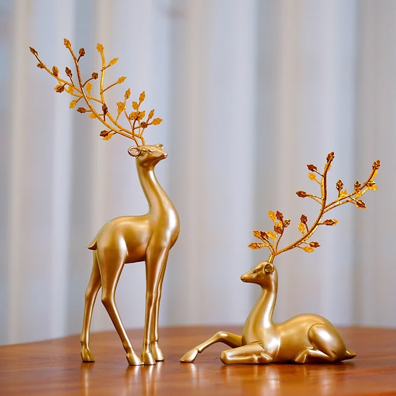 

Golden Deer Figurines European Feng Shui Ornament Lucky Statues for Cabinet Home Living Room Bedroom Office Desktop Decoration