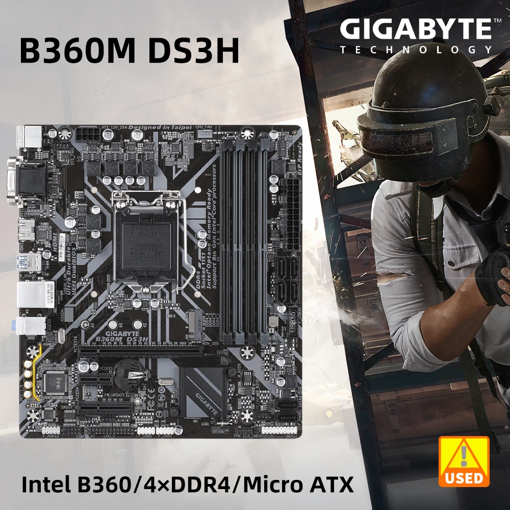 

GIGABYTE Intel B360 LGA 1151 4xDDR4 DIMM 64GB PCI-E3.0 1xM.2 SATA3 USB 3.1 HDMI DVI-D VGA Used For Micro ATX motherboard