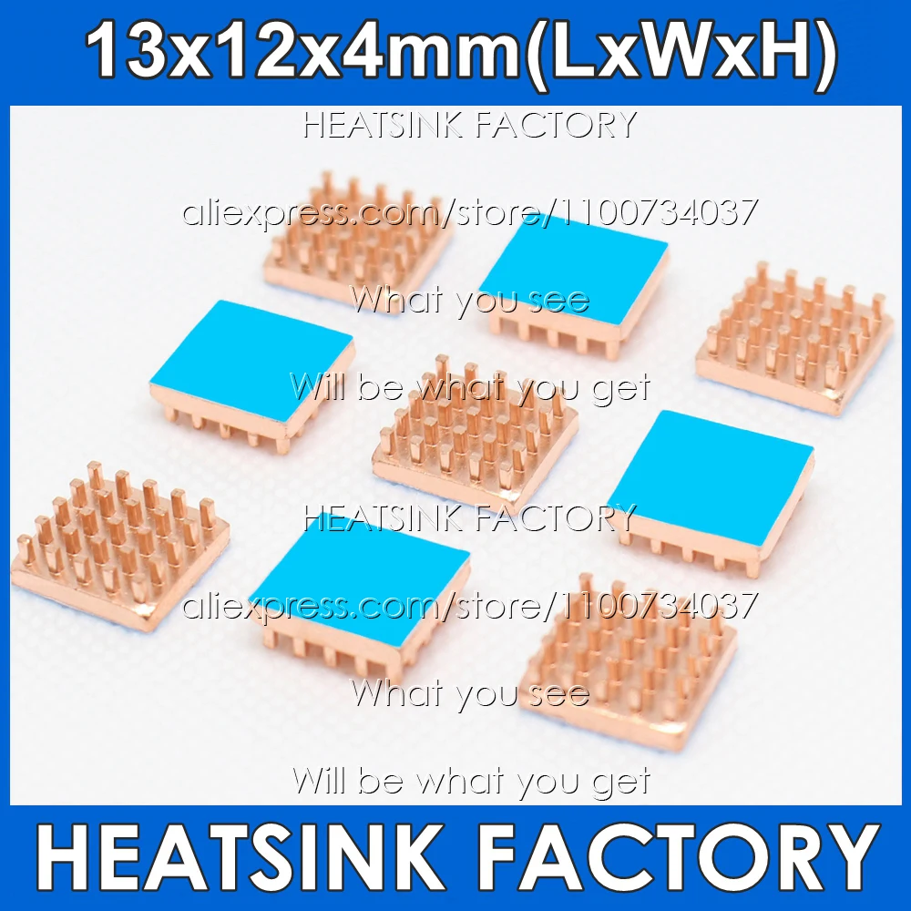 

Optional 20-100pcs/lot 13x12x4mm Pin Fins Copper Radiator Heatsink With Thermal Tape Assembly For PC Raspberry Pi IC Processor