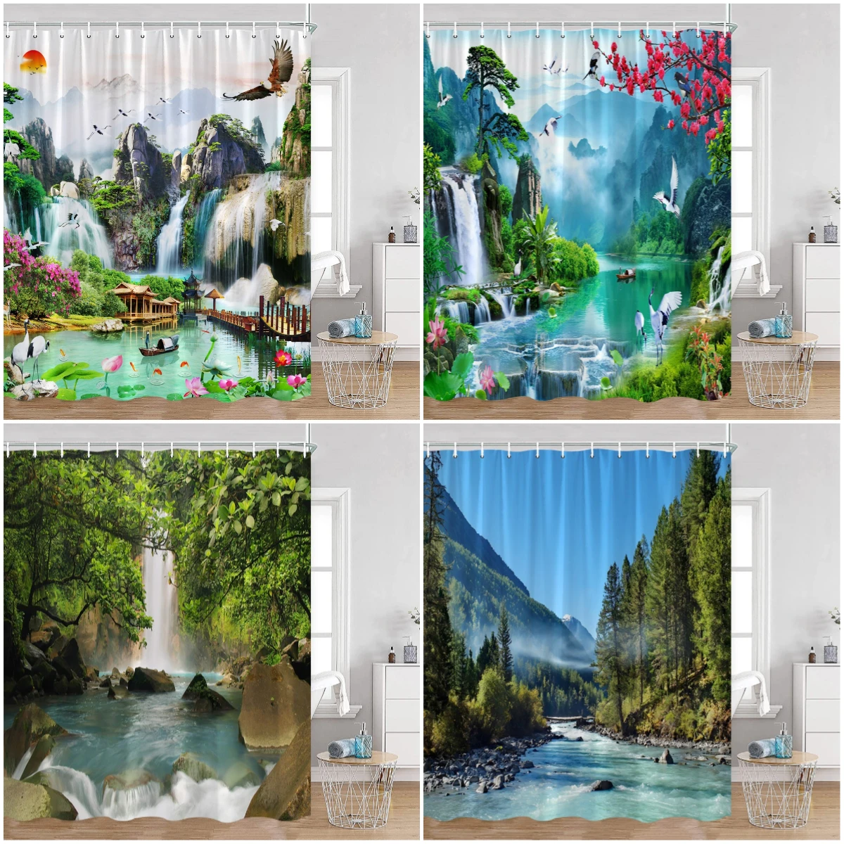 

Chinese Landscape Painting Shower Curtain Natural Scenery Mountains Forest Waterfall Lake Bathroom Curtains Vintage Bath Decor