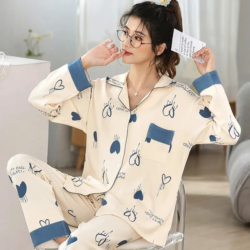 

Spring Pure Cotton Pajamas Set for Womens Pajamas Set Loose Casual Sleepwear Pijamas Feminino Mujer Pyjamas