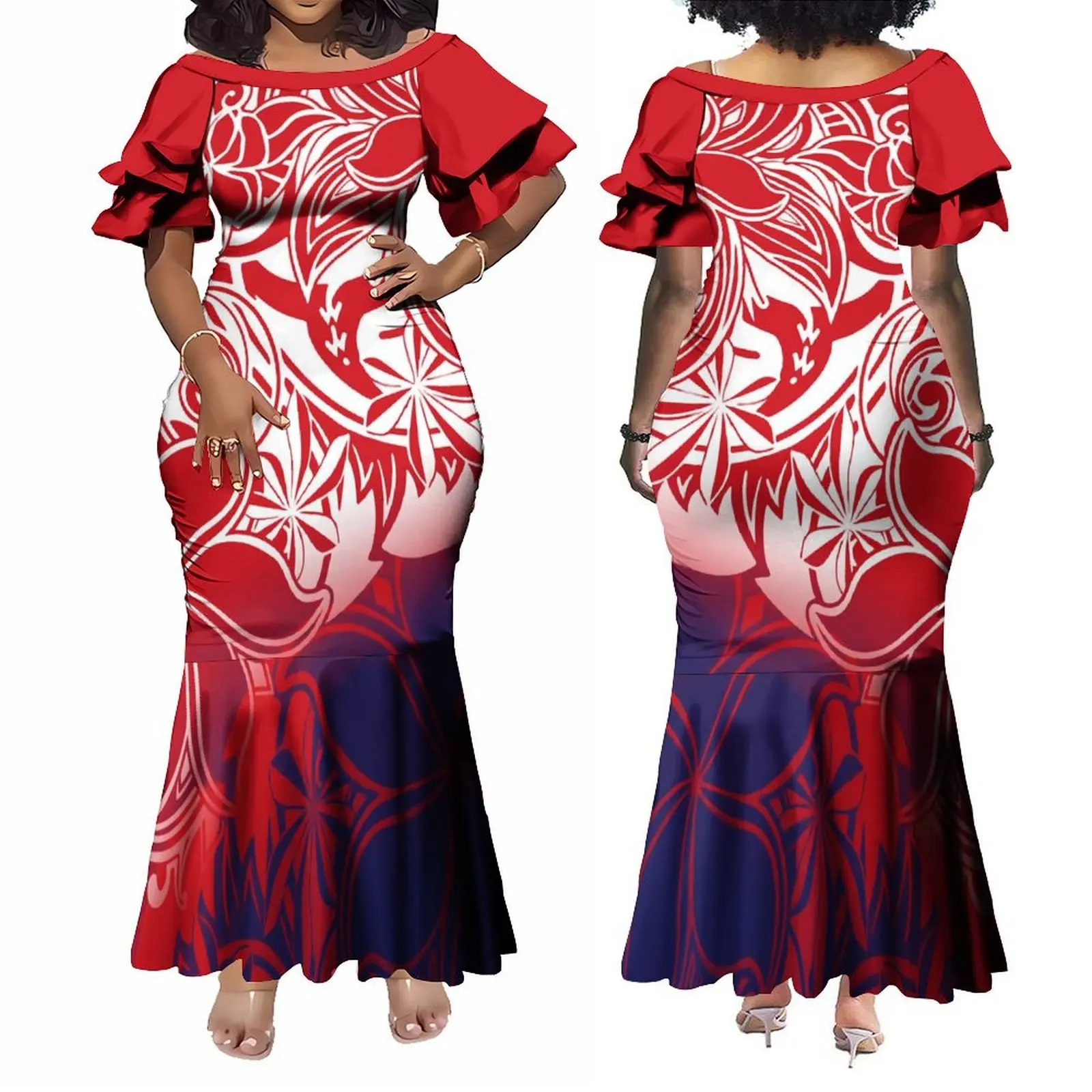 

Custom Women'S Short Sleeve Dress Polynesian Tribal Design Pattern Samoan Fishtail Dress Party Fashion Maxi Dress