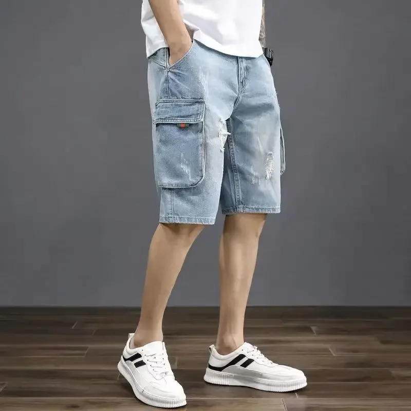 

Джинсовые шорты мужские до колена, рваные короткие брюки-карго, винтажная уличная одежда в стиле ретро, с широкими штанинами, синие, Xl, на лето