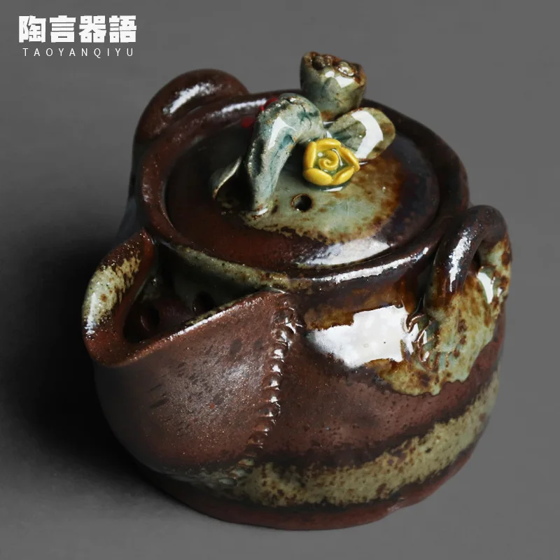 

Wood burning fire marks glaze relief powder color flower rhyme hand-held teapot pottery rock mud hand-carved tea maker single po