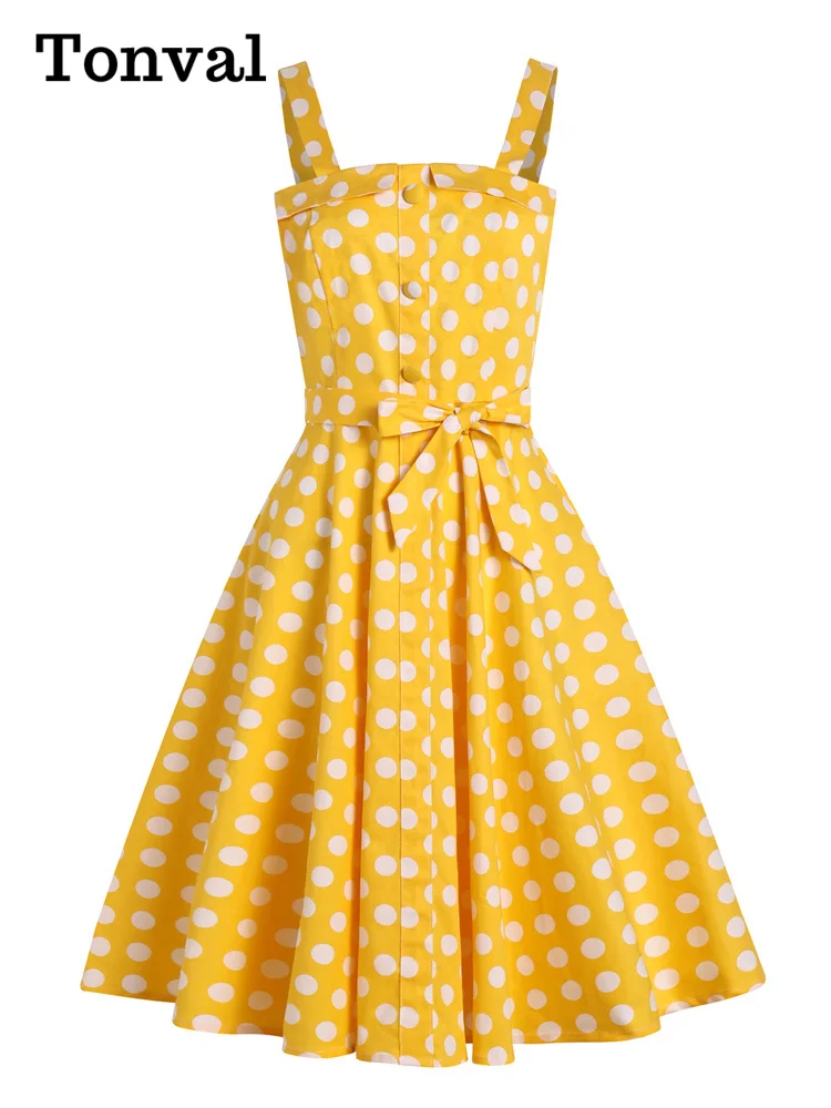 

Tonval Yellow 50s Pinup Vintage Button Front Polka Dot Summer Tank Dresses Women Evening Party Belted Cotton Midi Dress