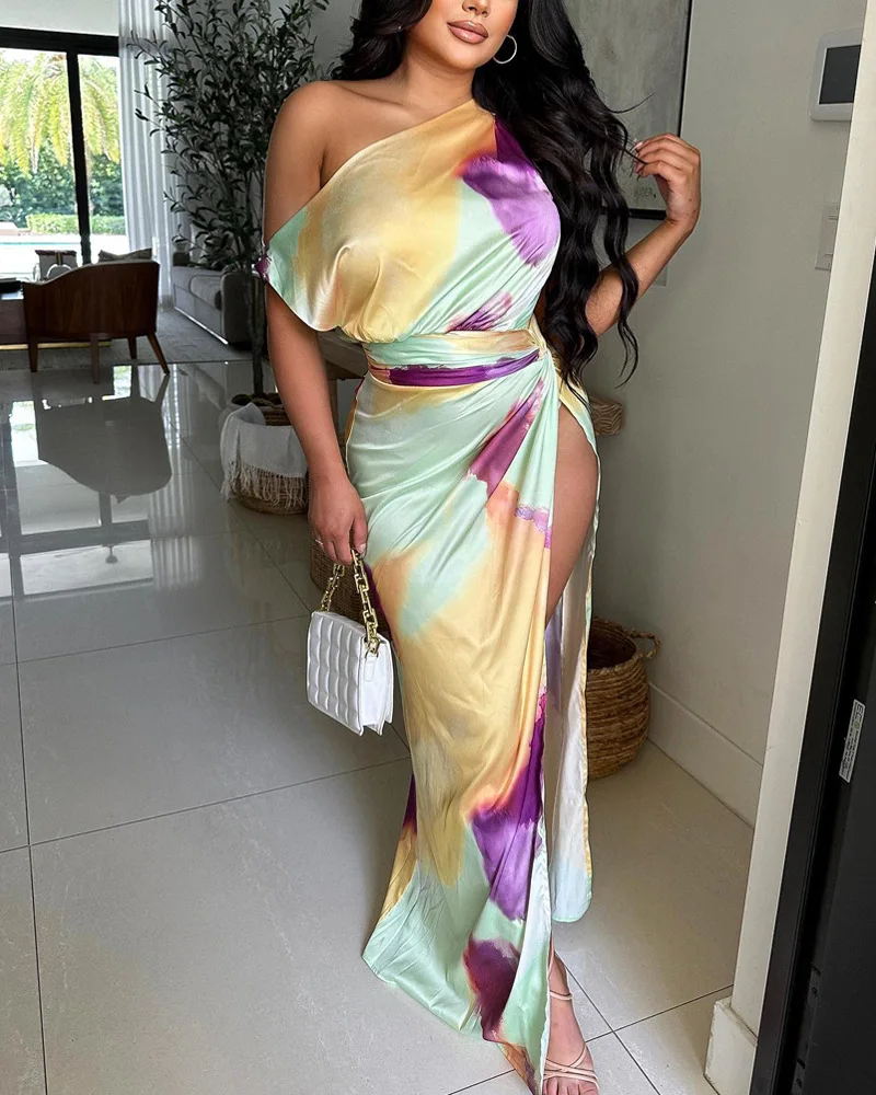 Tie Dye Skew Neck High Slit Maxi Dress Women High Waist Fashion Casual Summer Spring Long Floor Length Dress
Tie Dye Skew Neck High Slit Maxi Dress Women High Waist Fashion Casual Summer Spring Long Floor Length Dress