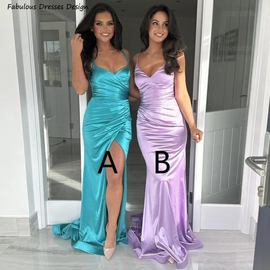 

Lavender Mermaid Long Bridesmaid Dresses Criss-cross Backless V-neck Pleat Wedding Guest Dress Spaghetti Straps Prom Party Gown