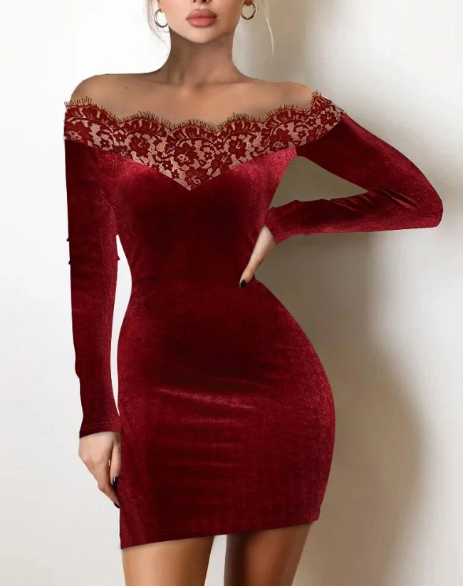 

Elegant Sheer Mesh Bodycon Women's Dresses 2023 Autumn Sexy Slim Fit Eyelash Lace Off Shoulder Velvet Bodycon Female Dress