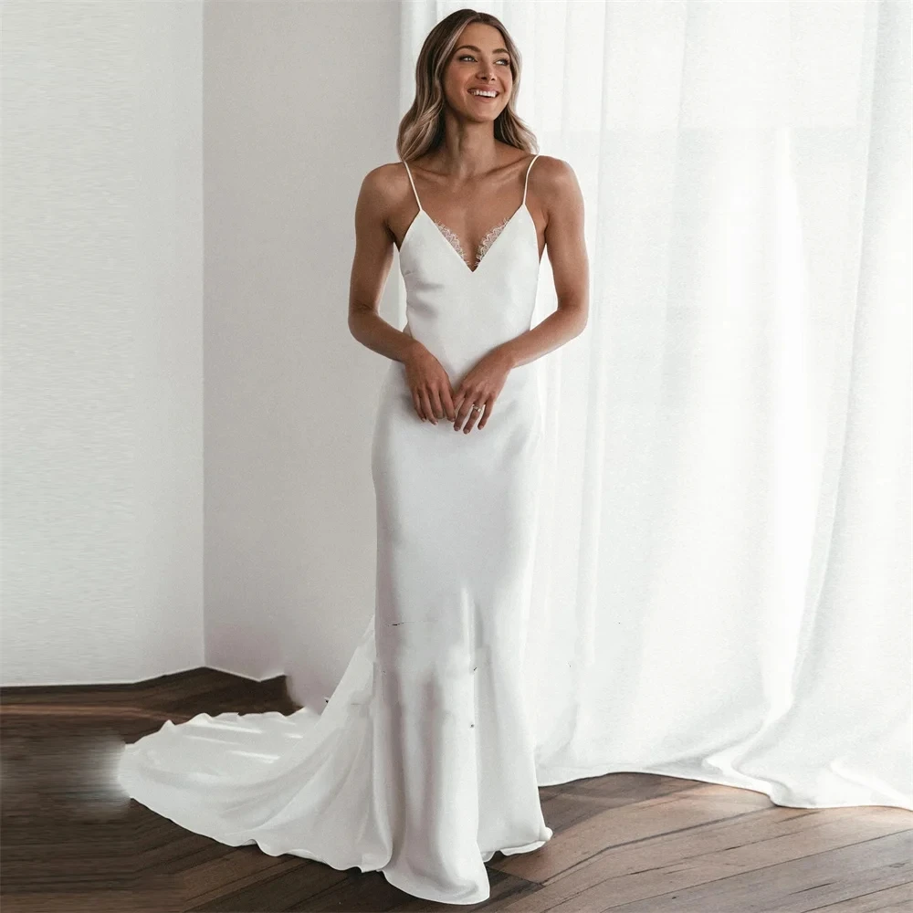 

Deep V-Neck Spaghetti Straps Sleeveless Lace Mermaid Wedding Dress Crepe Open Back Le Customize To Measures Robe De Mariee 2024