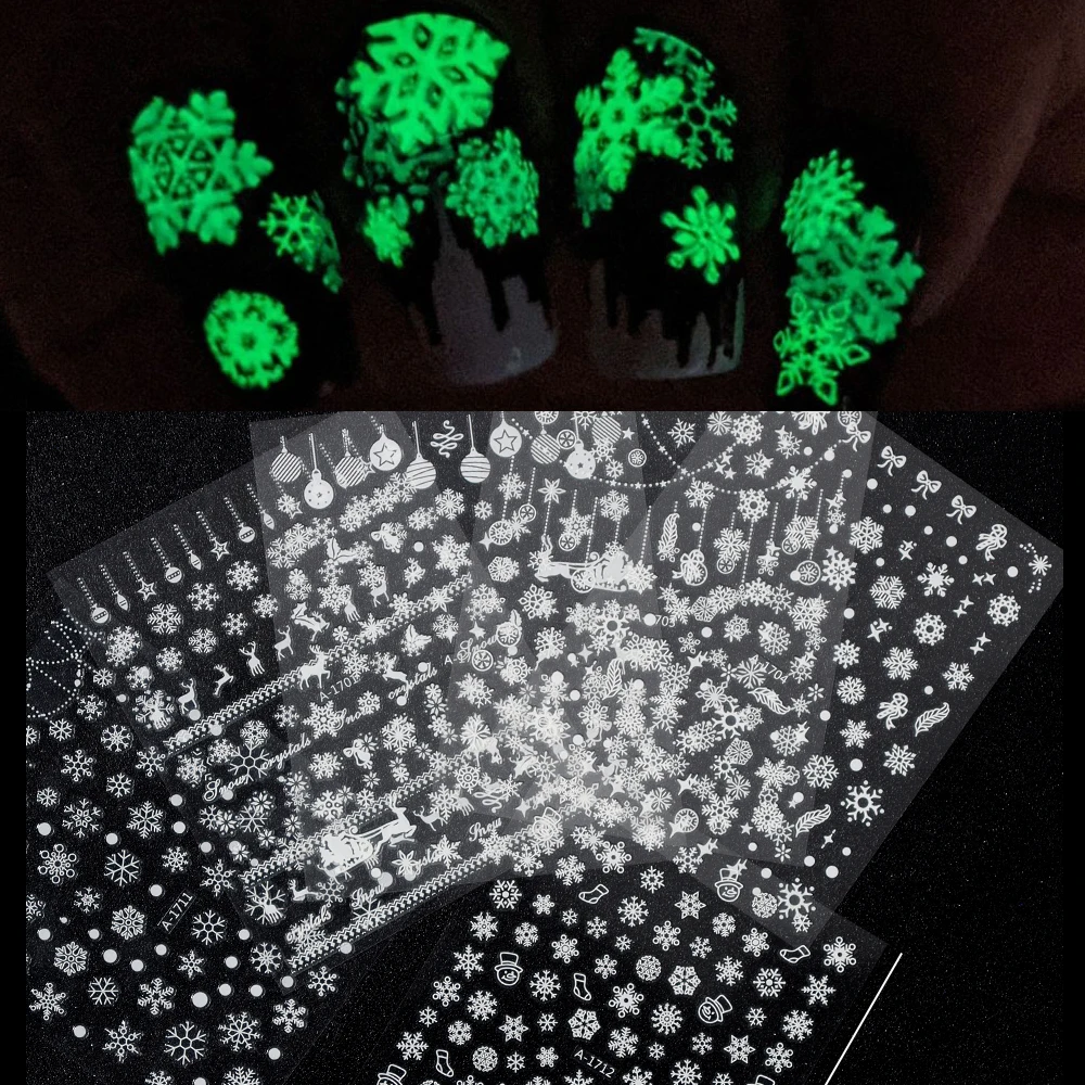 

12 Sheets 2022 New Glow Nail Sticker For Christmas Nail Art Stickers 3D Glow in Dark 10cm Big Nail Decal Sticker with Slider