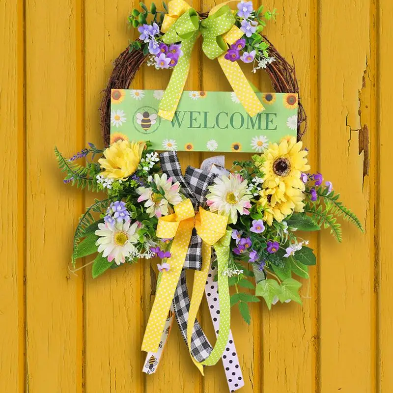 

Spring Door Wreath Artificial Flower Bow Eucalyptus Wreaths Farmhouse Door Hangings Decor Welcome Door Sign Door Decorations