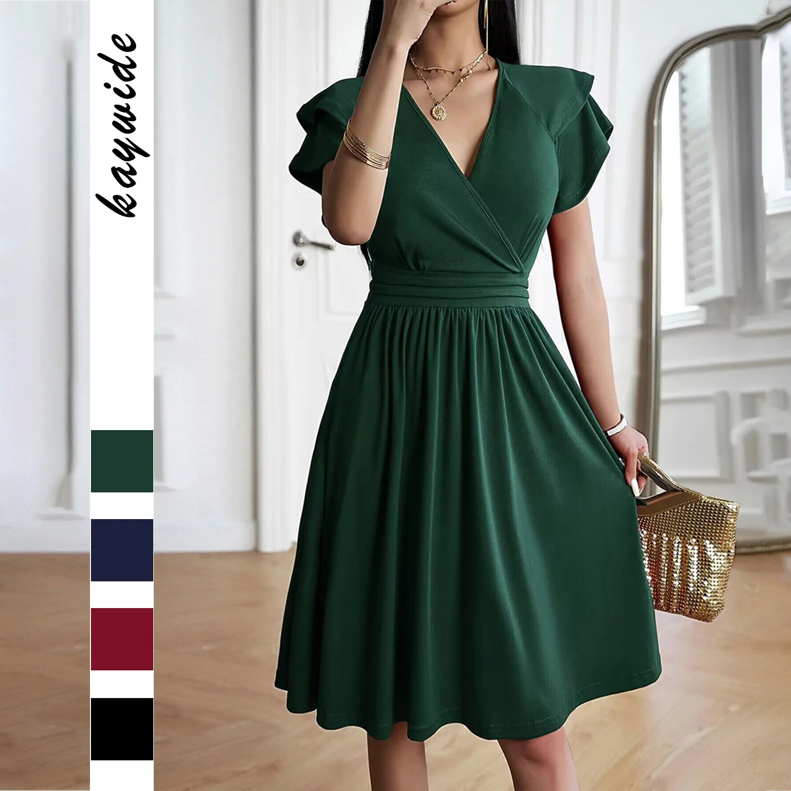 

High Quality Dress 2024 Summer Elegant V-neck Mid Length Skirt Flying Sleeves Vestidos Vintage Dress Maxi Evening Dresses Sexy