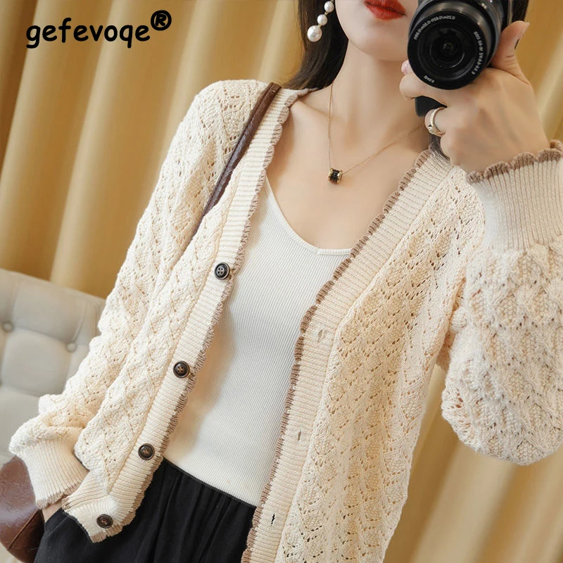 Vintage Spring Autumn Casual Single Breasted Knitted Cardigan Women V Neck Hollow Slim Solid Long Sleeve Outwear Sweaters Jumper
Vintage Spring Autumn Casual Single Breasted Knitted Cardigan Women V Neck Hollow Slim Solid Long Sleeve Outwear Sweaters Jumper