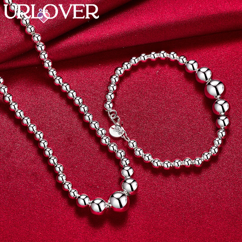 

URLOVER 2pcs/lot 925 Sterling Silver Three Big Bead Chain Necklace Bracelet Set For Woman Party Birthday Wedding Fashion Jewelry