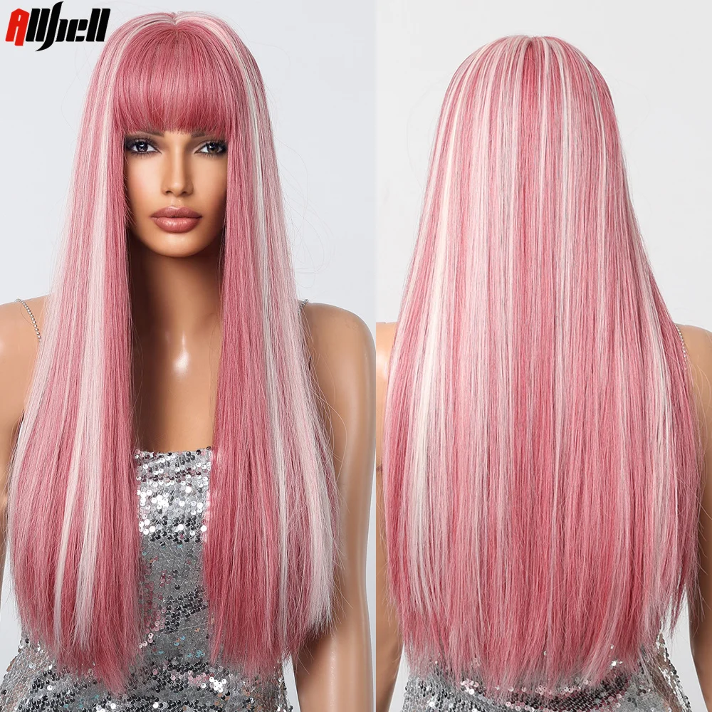 

Pink Mixed White Blonde Synthetic Long Silky Straight Wig with Bangs Cosplay Costume Hairs Natural Women Wig High Temperature