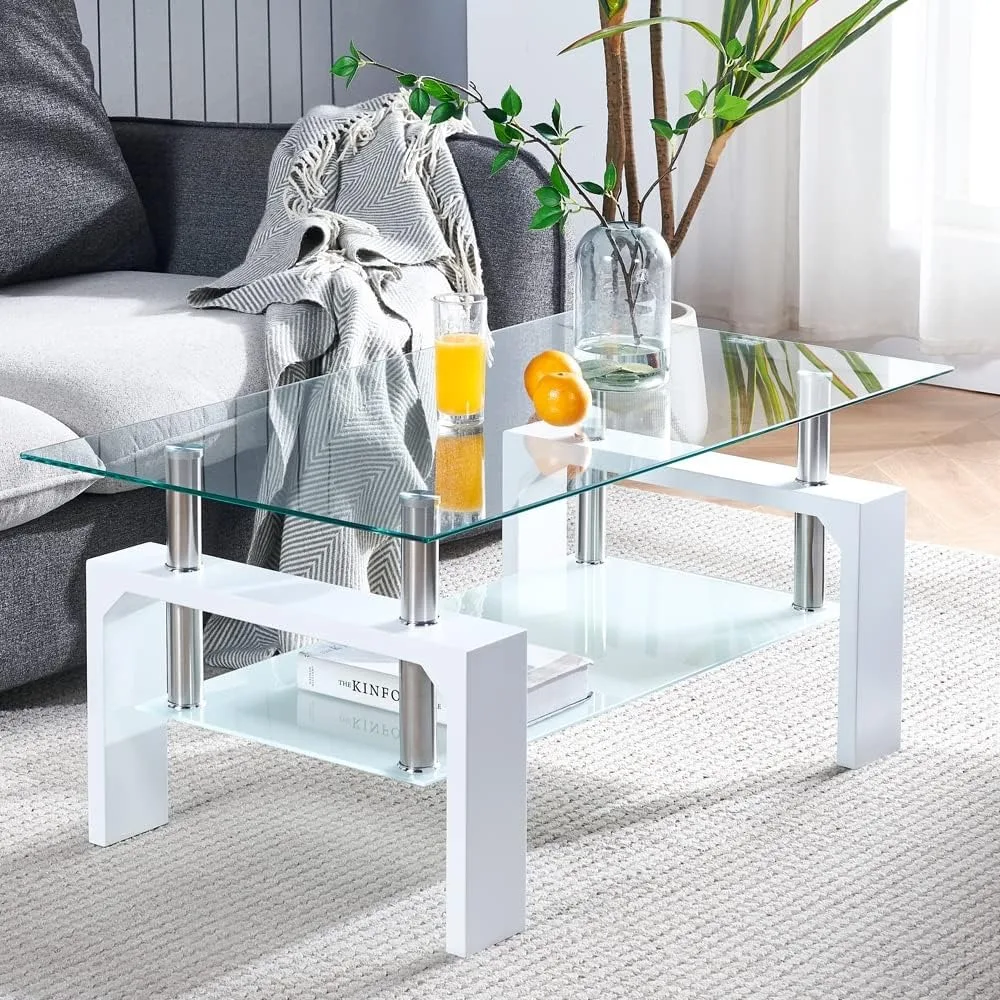 

Rectangle Coffee Table,Modern Side Coffee Table with Wooden Leg, Glass Tabletop with Lower Shelf,Coffee Tables