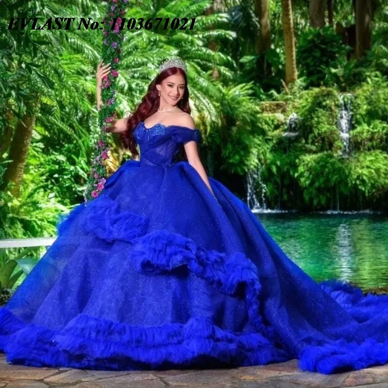 

EVLAST Mexican Royal Blue Quinceanera Dress Ball Gown Lace Applique Beading Bow Tiered Sweet 16 Vestidos De XV 15 Anos SQ50