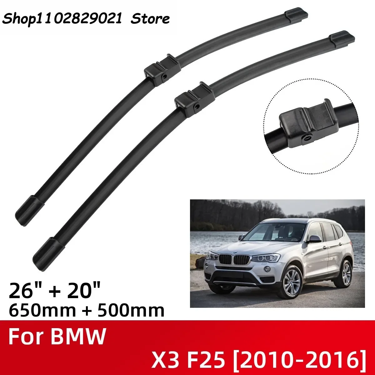 Front Wiper Blades For BMW X3 F25 2010-2016 Windshield Windscreen Window 26"+20" 2010 2011 2012 2013 2014 2015 2016 
Front Wiper Blades For BMW X3 F25 2010-2016 Windshield Windscreen Window 26"+20" 2010 2011 2012 2013 2014 2015 2016