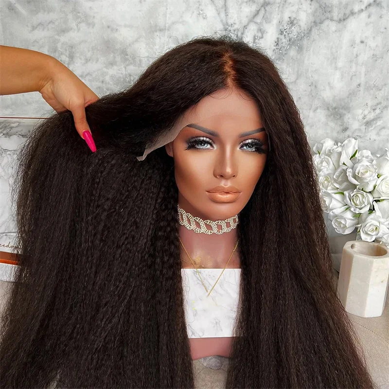 

Black Yaki 28Inch 180Density Kinky Straight Lace Front Wigs For African Women Glueless BabyHair Synthetic Preplucked Daily Wig