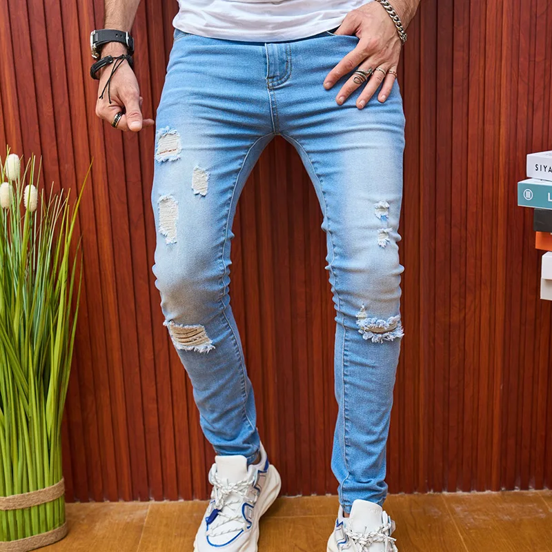 

Men's Skinny jeans Casual Slim Biker Jeans Denim Knee Holes Distressed Scratched Bleached hiphop Ripped Pants Washed 20B1