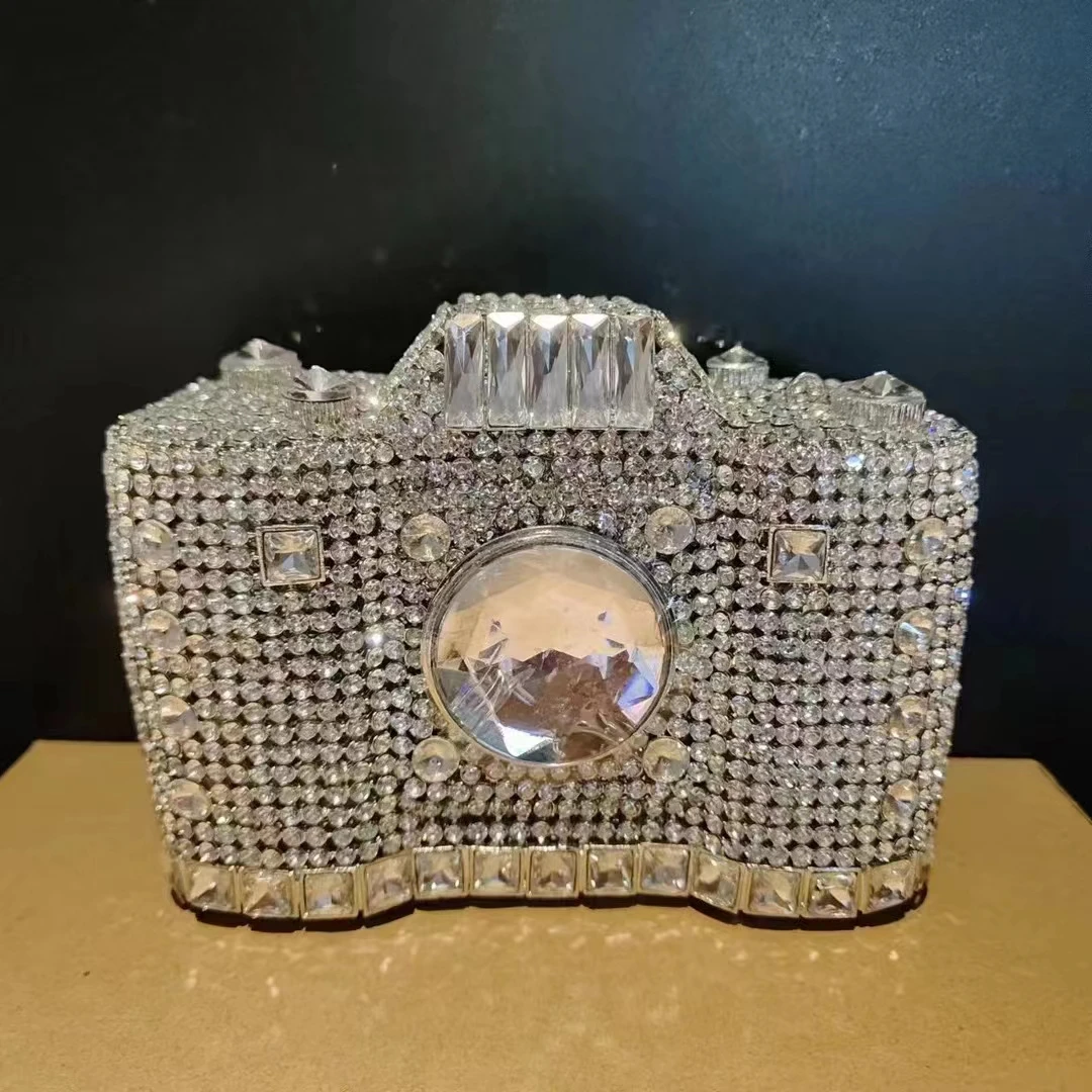 

Lady Camera Silver Rhinestones Party Clutch Purse Crystals Evening Bags Handbag Purses Women Bridal Wedding Metal Clutches Bags