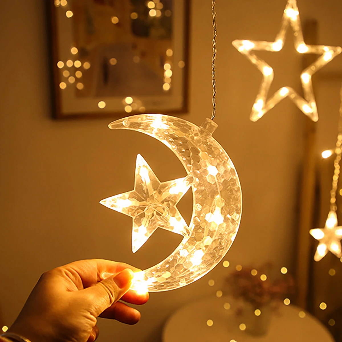 

Star Moon Curtain Garland String Light Aid EID Mubarak Ramadan Decoration for Home Arabic Islam Muslim Event Party Supplies 2024