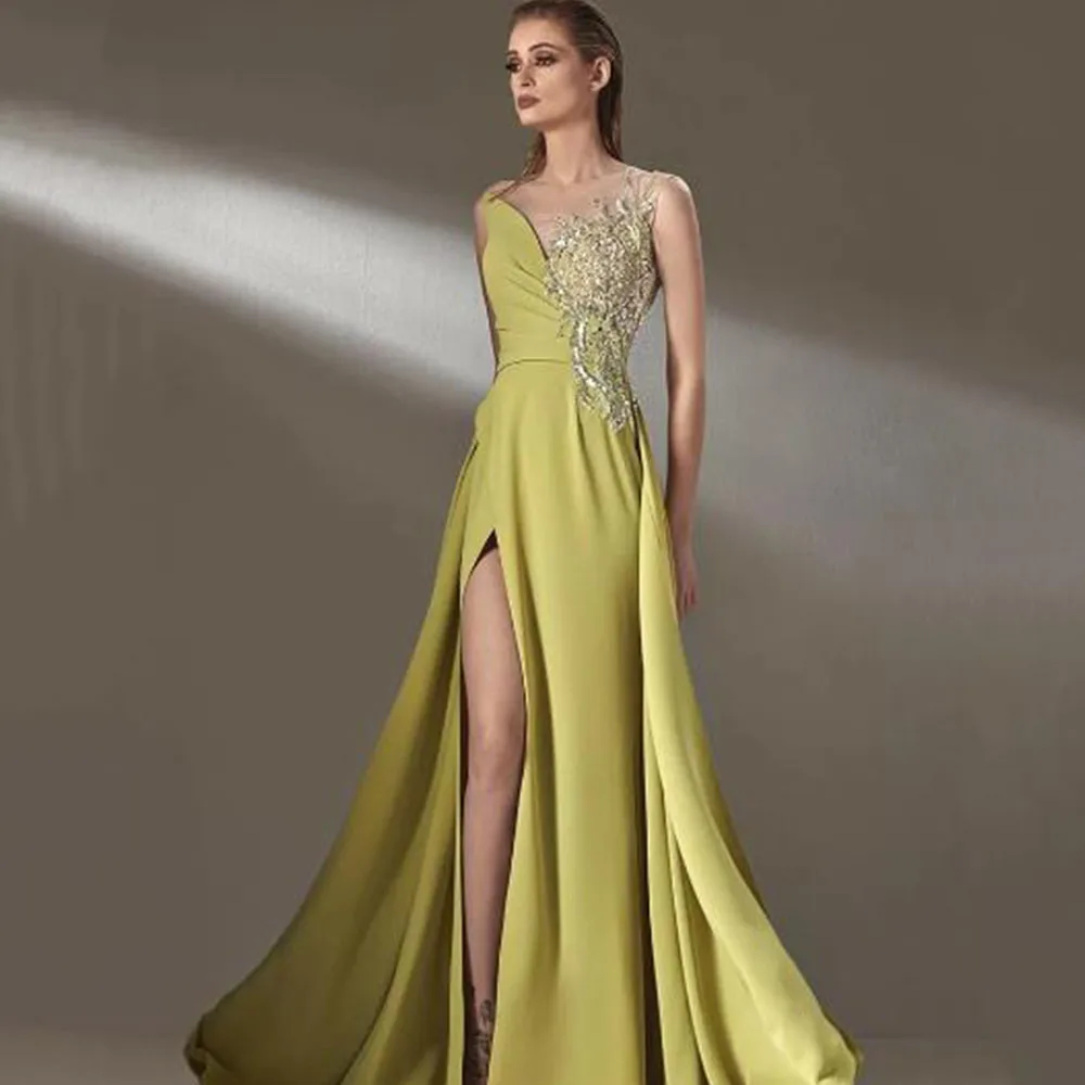 

Olive Green Evening Dresses Jewel Sleeveless Pleats Beaded Sequined Floor Length Party Prom Dresses With Slit Formal GownsCL-439