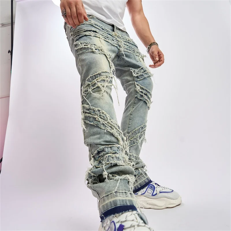 

Men s Ripped Distressed Destroyed Denim Pants Mid Waist Straight Fit Washed Skinny Stretch Slim Cat Whisker Sewing eans