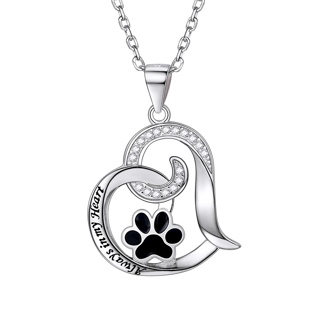 

Silver Enamal Cute Claw in Classical CZ Heart Engraved Always in My Heart Pet Memorial Pendant Necklace